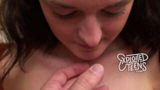 Teen with pigtails gives head in her first porn